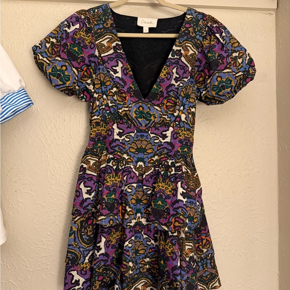 Cleobella Dresses & Skirts - Cleobella Purple Floral V-Neck Mini Dress with Puff Sleeves
